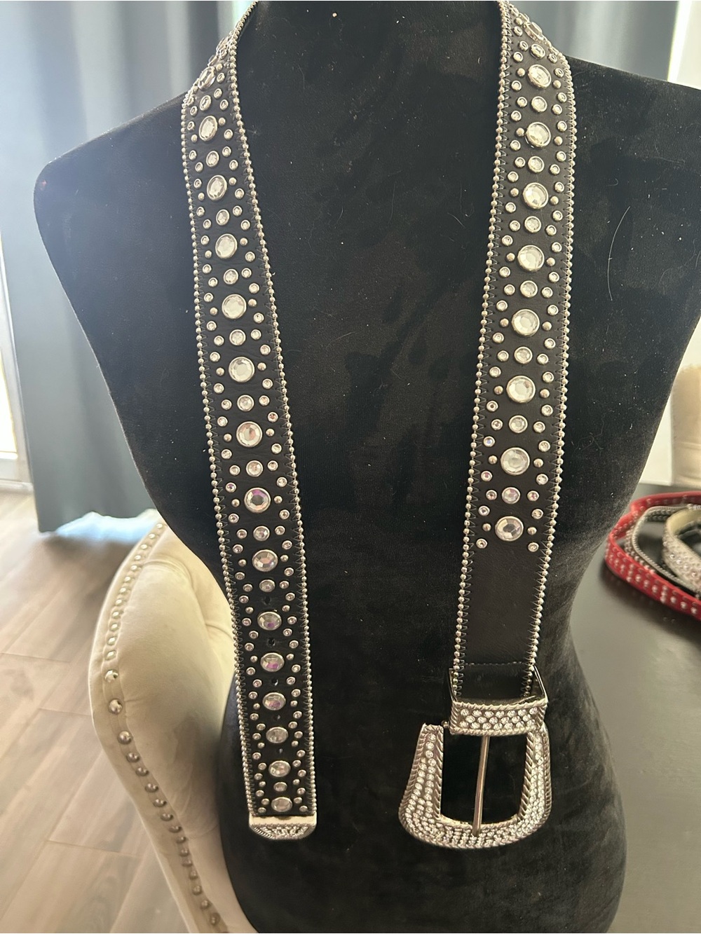 Christine Alexander Black Crystal-Embellished Leather Belt